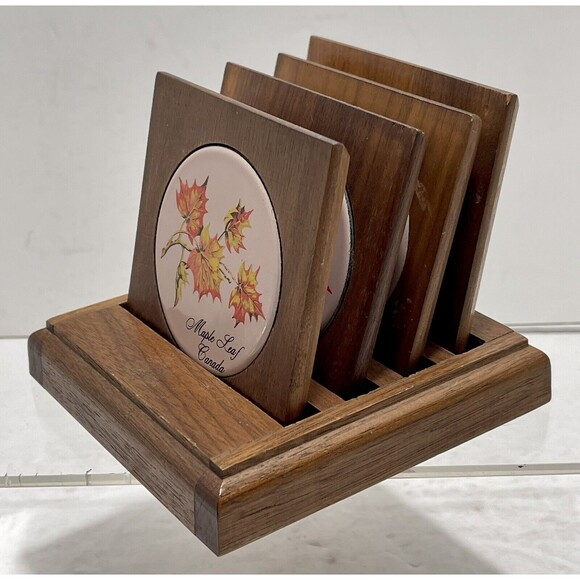 Vintage  Midcentury Modern Walnut Coaster Caddy w/ Enameled Maple Leaf - Picture 2 of 9